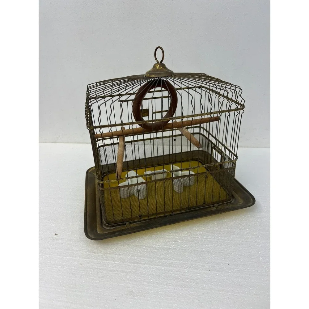 Hendryx Antique Brass Bird Cage Vintage Wire Pet w Porcelain Feeders Perch Gold